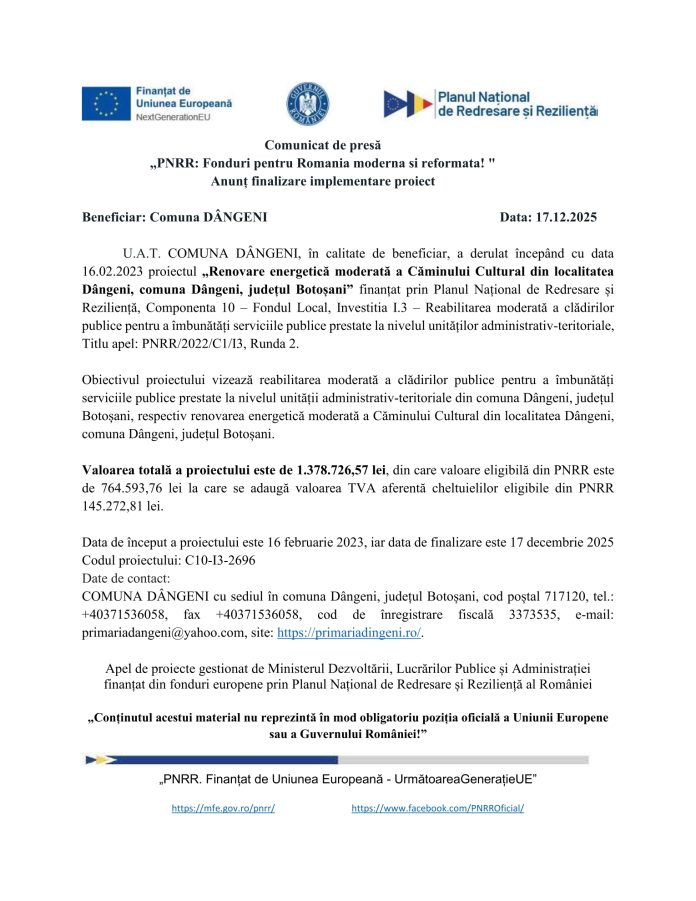 Comunicat de presa finalizare proiect PNRR C10 Camin Cultural Dangeni-1