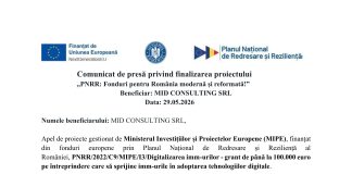 Comunicat de presă privind finalizarea proiectului. „PNRR: Fonduri pentru România modernă și reformată!”. Beneficiar: MID CONSULTING SRL