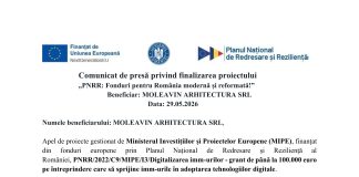 Comunicat de presă privind finalizarea proiectului. „PNRR: Fonduri pentru România modernă și reformată!”. Beneficiar: MOLEAVIN ARHITECTURA SRL
